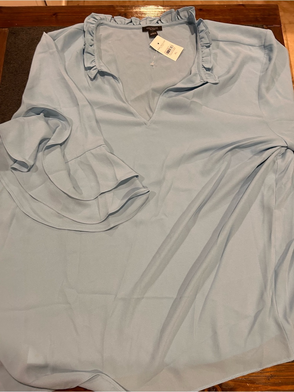 Ann Taylor Factory Dusty Blue Ruffle Neck Blouse
